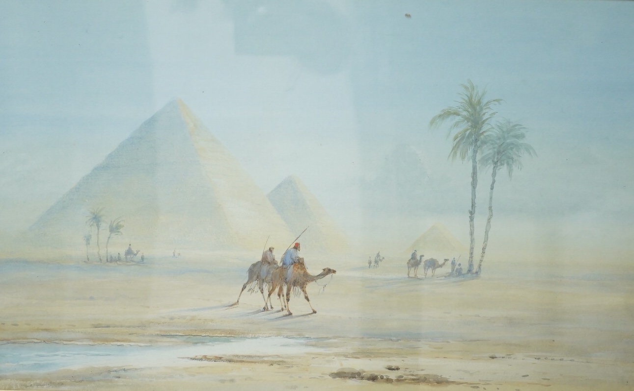 Orientalist school, pair of watercolours, Egyptian scenes with camels before pyramids, unsigned, 29 x 50cm. Condition - fair